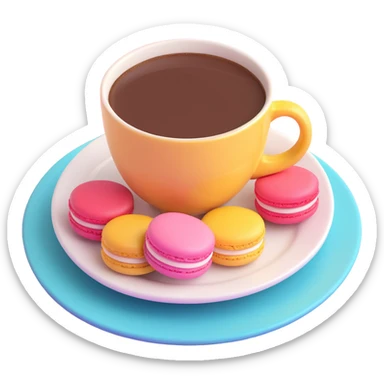A cup of coffee on a plate with colorful macarons, in 3D iOS emoji style, soft gradients, glossy finish, no background. sticker
