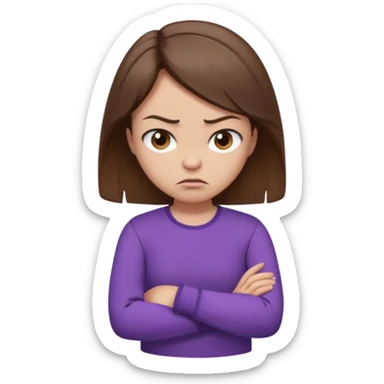 Angry Pouty girl with small squinted eyes folding arms in a purple longsleeve shirt she has fair skin and brown hair sticker