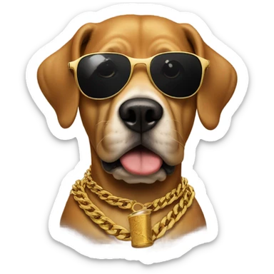 Dog with sunglasses and a cigar in his mouth, wearing a gold chain as a collar sticker
