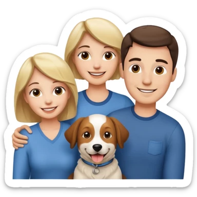 a mom and dad standing in front of a house with their son and a dog next to them (1 dog) and 1 SON not daughter sticker