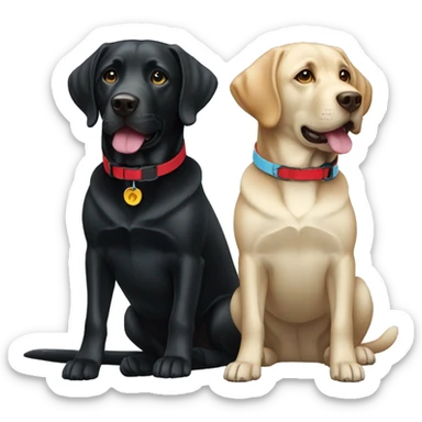 black-coloured labrador on the left with red collar, black-coloured labrador on the right with light blue collar. sticker