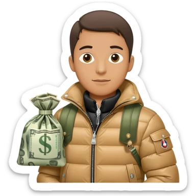 men with moncler jacket with a bag of money sticker