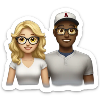 A Women with darlbrown hair and glasses in Love with a blond Man with gold glasses and a baseballcap sticker