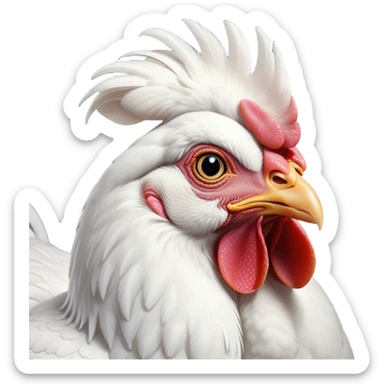 Cinematic Noble White Chicken Portrait Emoji, Poised and regal, with a compact, sturdy build and a pristine, well-groomed pure white plumage, deep-set soulful beady eyes, Simplified yet sharp and sophisticated features, highly detailed, glowing with a soft, dignified glow, high shine, intelligent and alert, stylized with an air of barnyard elegance, focused and attentive, soft glowing outline, capturing the essence of a watchful and confident fowl, so majestic it feels as though it could strut out of the screen with effortless authority! sticker