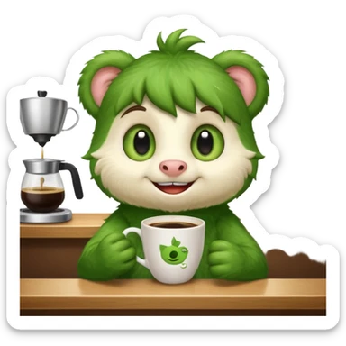 Cut the Rope's Om Nome in barista's suite with a cup of cofee sticker