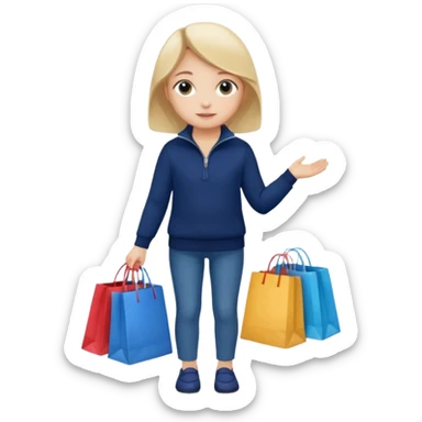 A little girl (he usually calls her baby), who is obsessed with shopping and luxury brands and holds a dozen of bags, she wears navy blue half zip sweater and holds 10 bags sticker