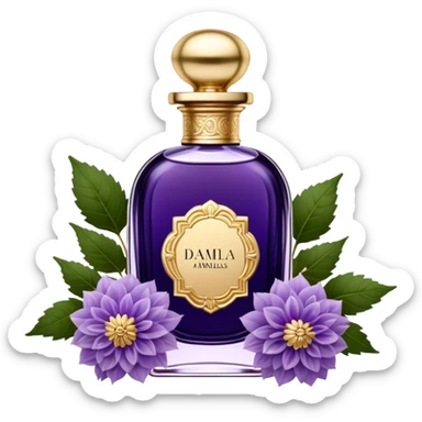 A dark amethyst vintage French-style perfume bottle with intricate golden detailing rests elegantly on an antique vanity. Surrounding it, delicate periwinkle dahlias and soft lavender sprigs add a touch of romantic charm. The glass reflects a warm glow from a nearby candle, enhancing its deep violet hues. The scent of aged vanilla and floral notes lingers in the air, evoking an aura of timeless elegance. sticker