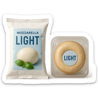 PACCHTTO DI MOZZARELLA LIGHT CON LA SCRITTA "LIGHT" SULLA CONFEZIONE, ACCANTO AD UN DONUT CONFEZIONATO CON LA SCRITTA "LIGHT" SULL'ETICHETTA,  iperrealistico 4k sticker