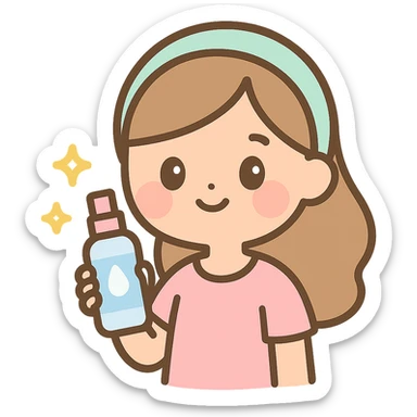 girl holding a face mist bottle, glowing skin, simple background, skincare vibe sticker