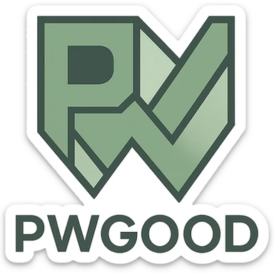 geometric logo for 'pwgood' with stylized 'pw' monogram, green and gray palette sticker