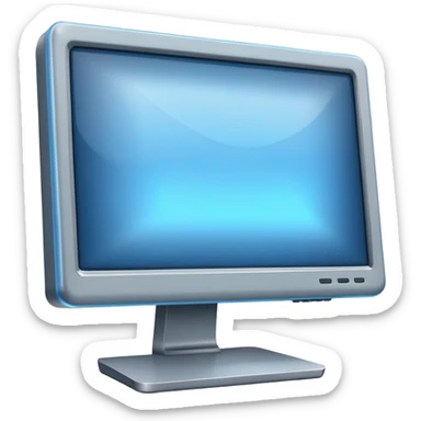 old grey computer monitor with a blue glowy screen, side angle sticker