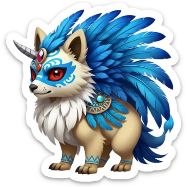 Furry cute colorful exotic tribal feral anime-styled Fakémon-Pokémon-animal-creature with a skull mask, and a feather-mane-collar, and blue feathers, (full body) sticker