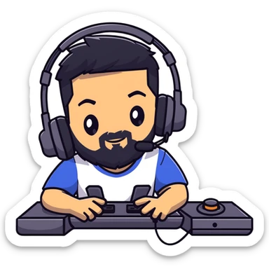 Serious male gamer with black hair, brown eyes, black beard, gaming headset sticker