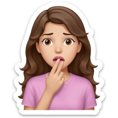 girl with wavy long brown hair, brown eyes, light to medium complexion, long lashes, light pink lipstick, wearing light pink shirt, shocked, hand covering mouth, oh no  sticker