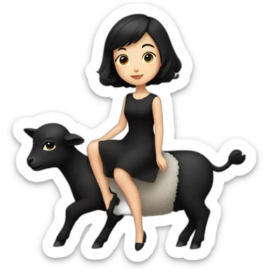 Asian girl with short black hair, black dress, riding on a black lamb sticker