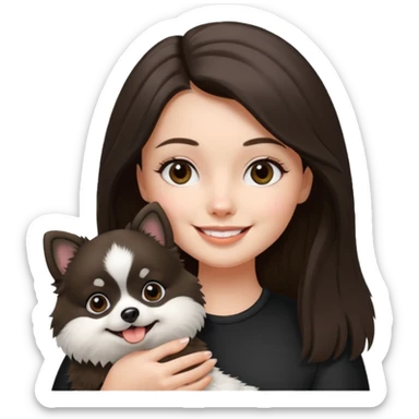 an brunette girl holding her pomeranian dog thats black and white but has white middle part in the face kinda looks like a panda sticker