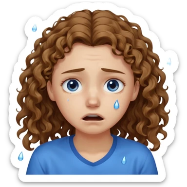 white young curly long hair girl, brown hair, with a blue shirt, in despair crying sticker