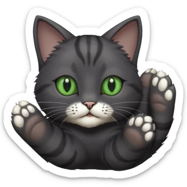 solid dark grey cat with green eyes, completely solid grey face, white toes/paws playing rolling upside down sticker