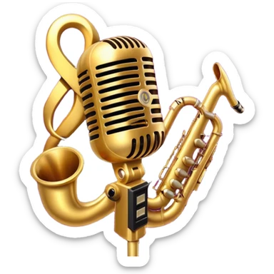 Create a vibrant and expressive emoji representing jazz vocal performance. The design should feature a vintage microphone at the center, surrounded by musical notes and soundwaves flowing outward, symbolizing the vocal improvisation and fluidity of jazz. Include key instruments often associated with jazz vocals, such as a jazz piano (stylized black keys) in the background and a saxophone or trumpet, giving it a true jazz vibe. Add soft lighting effects to evoke the intimate, atmospheric feel of a jazz club. Use rich colors like gold, black, deep purple, and red to reflect the soulful, smooth nature of jazz. The background should be transparent. sticker