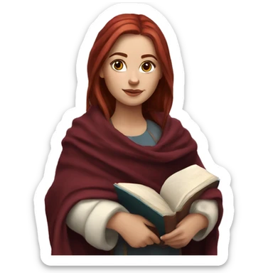 Realistic Slavic white girl with burgundy hair with a blanket and book sticker