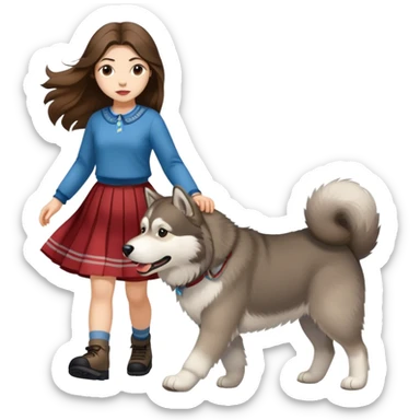 A girl with long brown hair and a skirt walking an Alaskan sticker