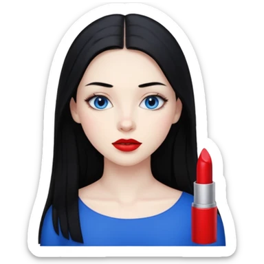 20 yr old woman long straight black hair, pale skin, blue eyes, red lipstick sticker