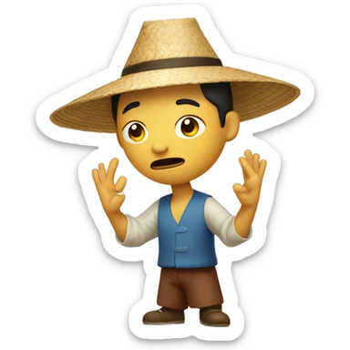 chinese man shrugging with his arms and he has a chinese straw hat sticker