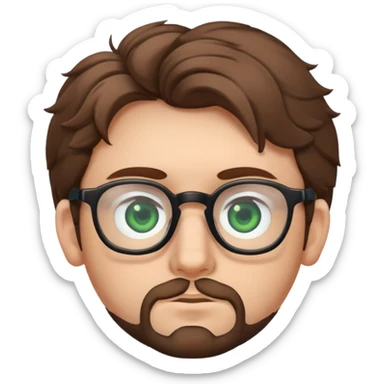 Young man with slightly curled brown poofy hair, green eyes wearing glasses, wide face with eyes set apart, bigger ears, and stubble but not a full beard sticker