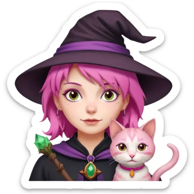 Witch with cat companion, pink haired sticker