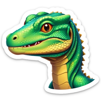 Cinematic Cute Komodo Dragon Lizard Portrait Emoji, Head tilted playfully and inquisitively, with a sleek, scaled form accented by vibrant hues and curious, sparkling eyes, Simplified yet irresistibly adorable features, highly detailed, glowing with a warm, lively glow, high shine, affectionate and spirited, stylized with a touch of exotic charm, bright and endearing, soft glowing outline, capturing the essence of a mischievous yet captivating lizard that seems poised to scurry out of the screen into your heart! sticker