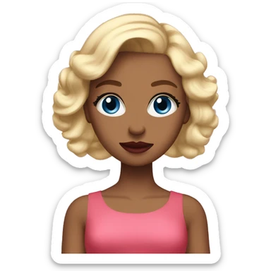 Girl with blonde hair, blue eyes, red lipstick, and tan skin wearng makup and a pink dress sticker