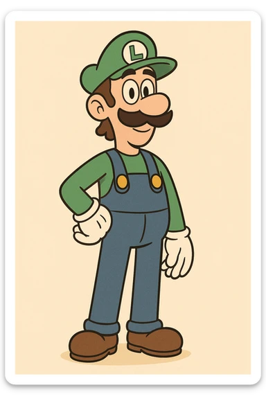Luigi from Mario & Luigi, standing pose, green hat, blue overalls, brown shoes, mustache, friendly face, cartoon style sticker