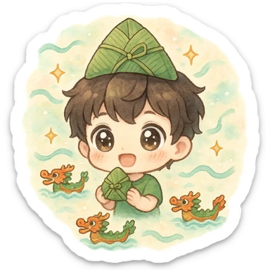 chibi boy with large sparkly eyes, rice dumpling hat, holding a mini zongzi, surrounded by small dragon boats, floating ribbons, star sparkles, pastel watercolor background, fluffy lines sticker