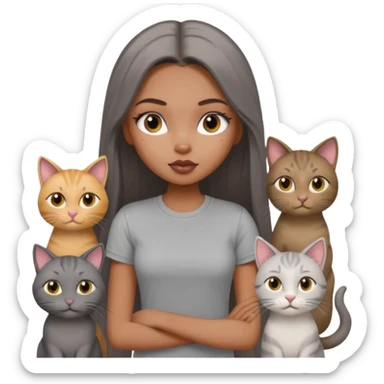 a pretty bratz dusky girl with long straight hair with four cats nd wearing a grey tshirt sticker