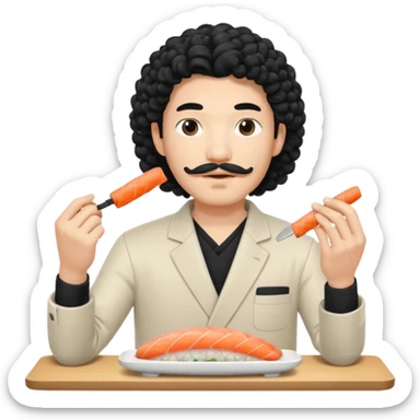 un coreano che taglia sushi con i baffetti capelli ricci e lunghi  neri con un IQOS in mano  sticker