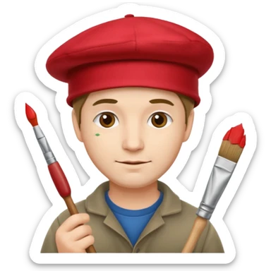 Thoughtful artist, adult man in a red hat with a paintbrush sticker