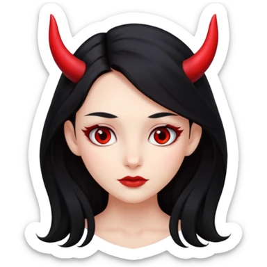 A girl's face with cheekbones, red skin, long black hair, small red horns, and red eyes. sticker