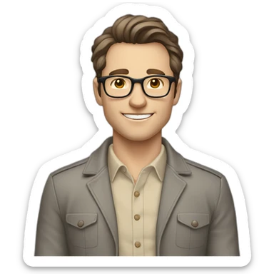 Joyful Pale skinned Fit Man With dark brown hair in gray jacket, beige office shirt, Brown pants and vintage glasses. His thrumbs up sticker