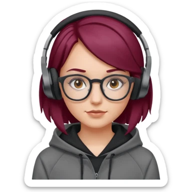 white girl with burgundy hair, gray square glasses, black deportive hoodie and black headphones sticker