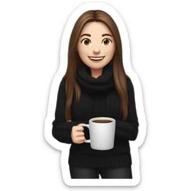 smiling woman with middle brown long straight hair and pale skin wearing black woolly shirt, black woolly scarf and holding a laptop on her left hand and coffee mug on her right hand sticker