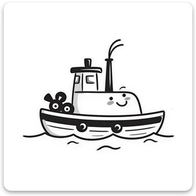 A hand-drawn toy paddleboat with a grinning face and little spinning wheels sticker