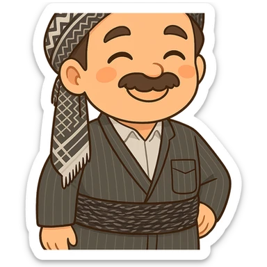 Cartoon sticker of a Kurdish man with the same clothes and scarf as the reference image, no changes to clothes or scarf, face with a satisfied expression and a gentle smile similar to the 😊 emoji, colorful and cheerful, no shadows or color halos around the image, no text, suitable for WhatsApp and Instagram, fully transparent background. sticker
