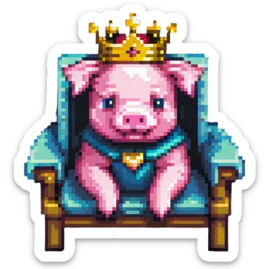 cartoon-like pixel art pig with a golden crown sitting on a throne, blocky and square like Minecraft, playful and expressive sticker
