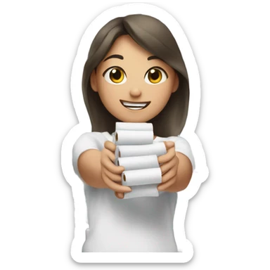Girl holding as many toilet rolls in hands as she possibly could  sticker