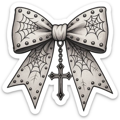 Edit the image to depict a white gothic bow oversized with silver studs and additional gothic elements such as spiderweb patterns and a dangling cross. The style should be general to allow flexible editing. Remove the background. sticker