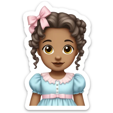 toddler girl with brown eyes and brown curly hair in two pigtails wearing a baby pink lolita dress with baby blue hair bows sticker