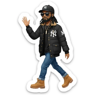 African American man with shoulder length black dreadlocks with black beard wearing black sunglasses wearing a black New York Yankees logo baseball cap wearing a black bubble winter coat with denim skinny jeans and timberland boots walking with hand up sticker