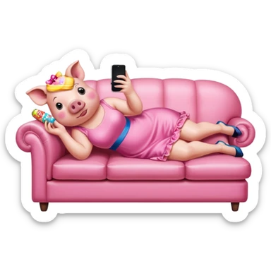 lady pig wearing pink kawaii dress reclining on couch scrolling on an iphone and eating candy pop art portrait sticker