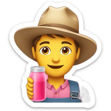farmer with hat and pink juice bottle sticker