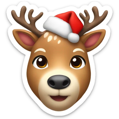 Create a cute deer emoji with soft brown fur, big kind eyes and horns. A red Christmas hat or a wreath of fir branches can be on the head to create a festive image sticker